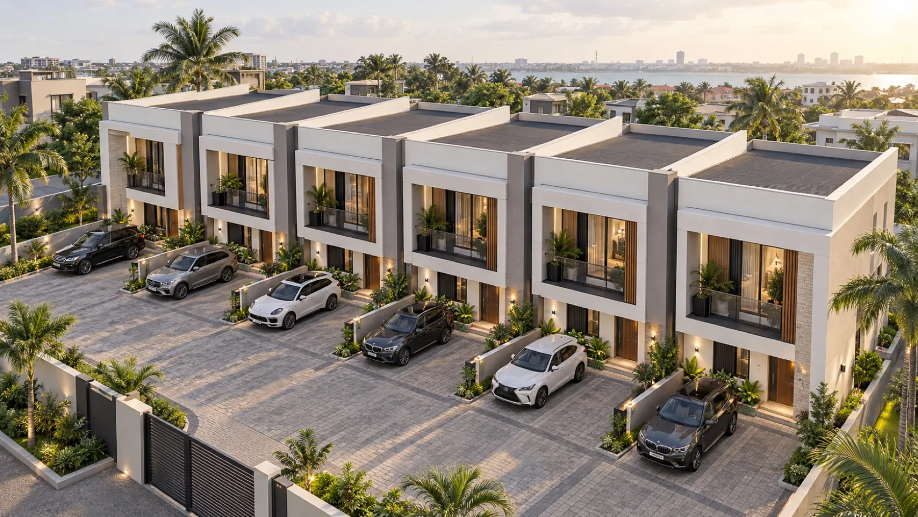 Conceptual visual direction showing six contemporary terrace homes in a landscaped gated compound